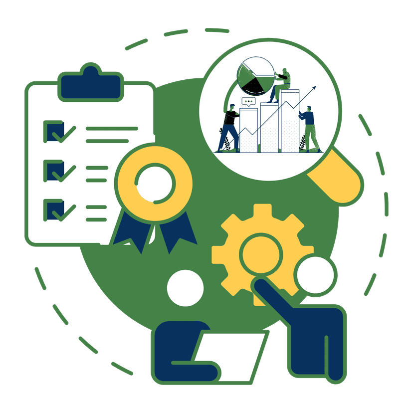 Feasibility study illustration with checklist, gears, and planning tools